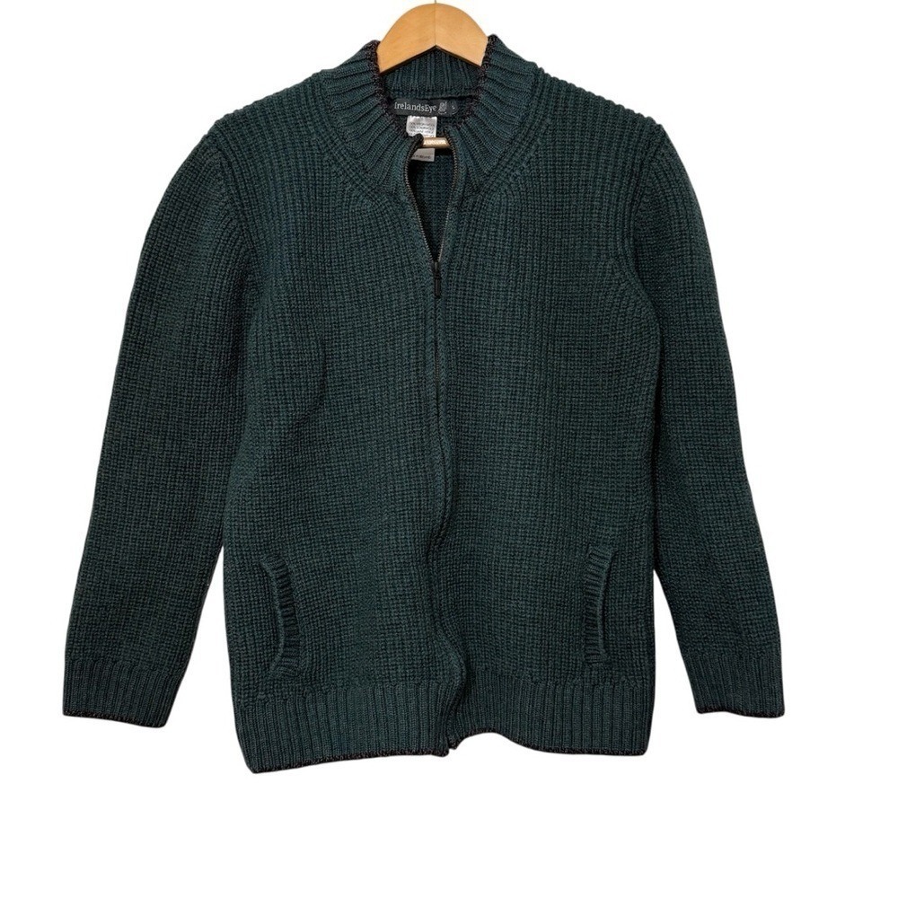 Irelands Eye 100% Wool Sweater Cardigan Zip w/ Pockets Green Thick Warm Womens L